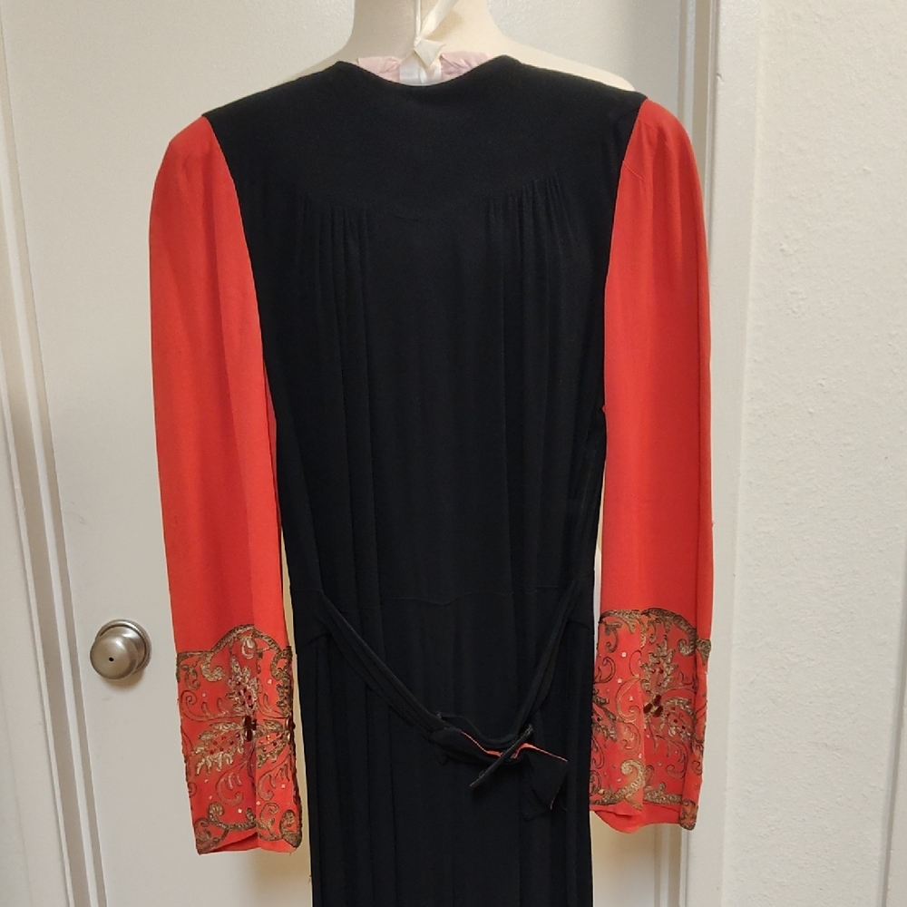 Dramatic Vintage 1930s Black and Red Crepe Dress with Embroidered Gold Accents